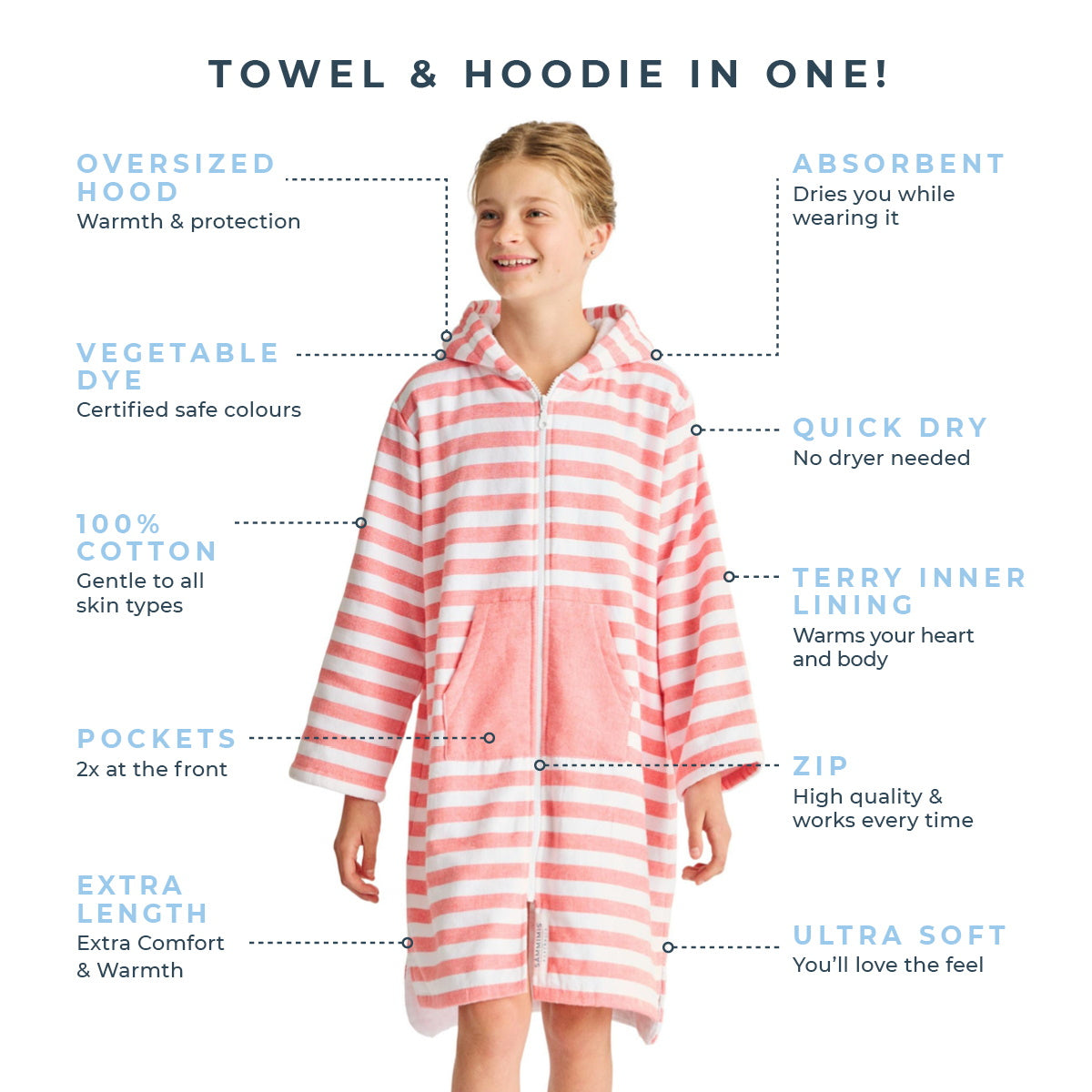 MENORCA Kids Terry Hooded Towel: Coral/White