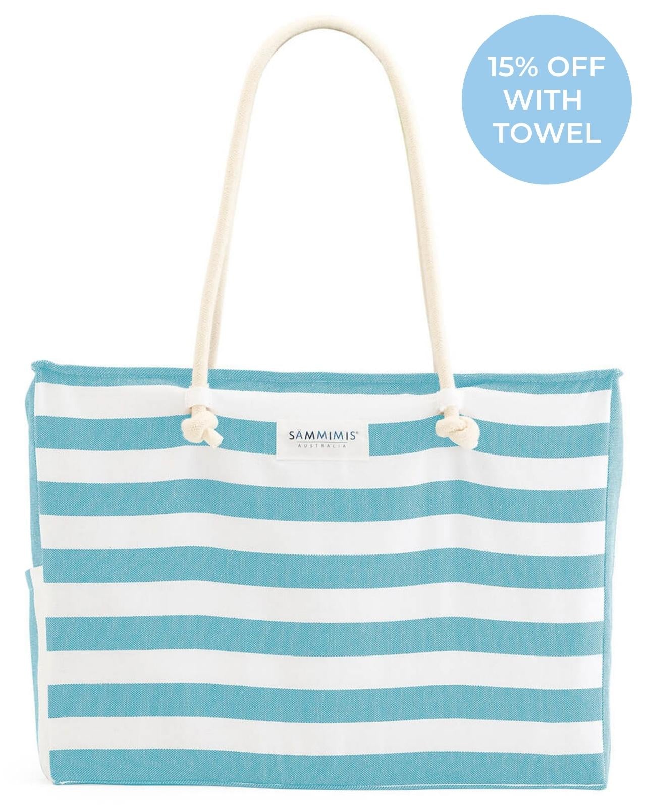 BONIFACIO Jumbo Beach Bag: Aqua/White